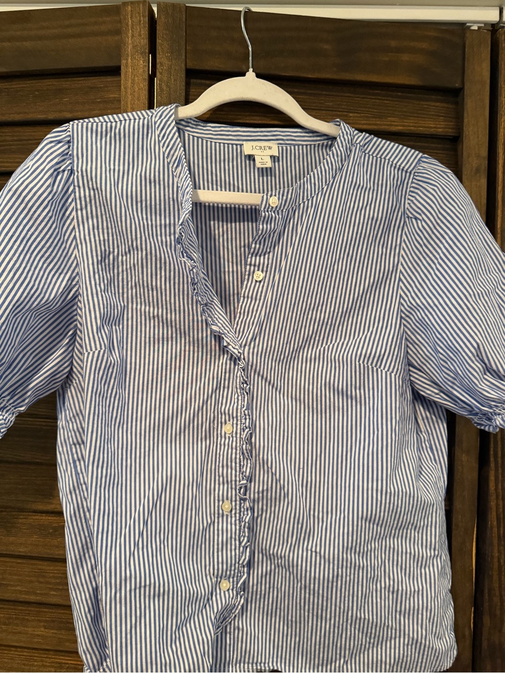 J. Crew Blue and White Striped Ruffle-Trim Button Front Blouse